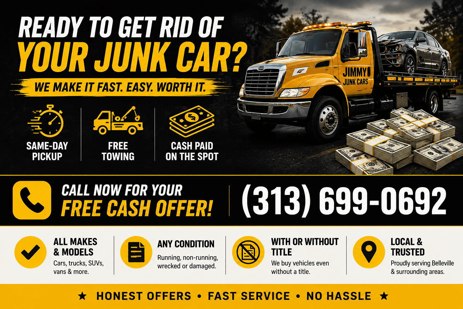 Yellow tow truck hauling a wrecked car beside stacks of cash for junk car removal.